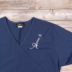 Los Angeles Rose Small Blue Scrub Top Monogramed "A" 